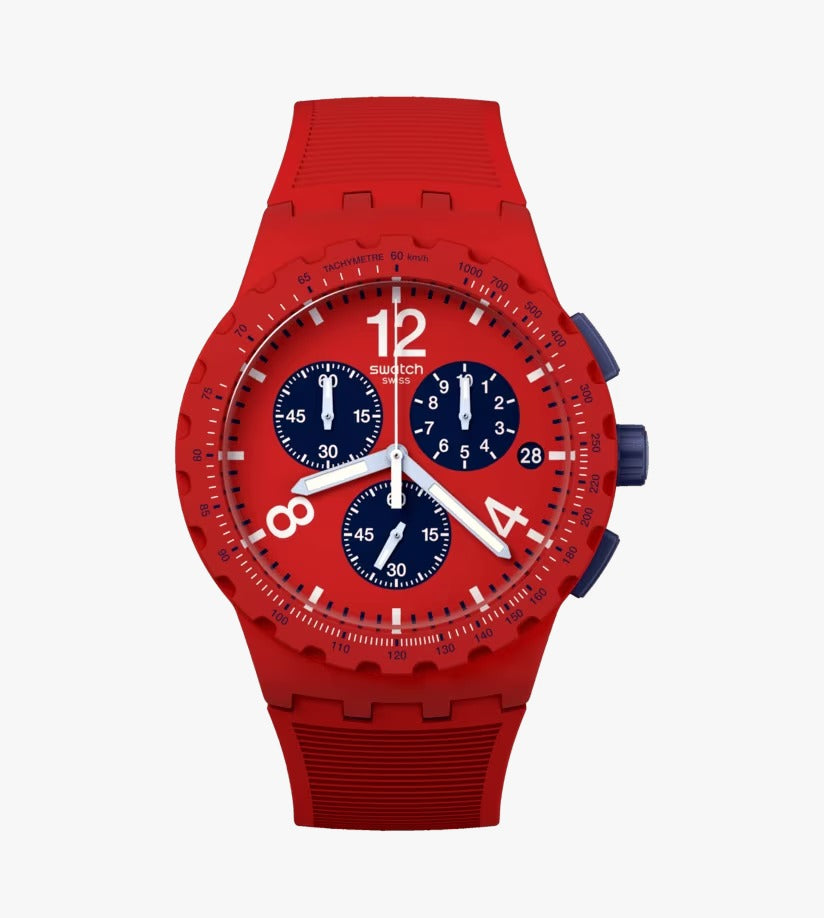Reloj Swatch Plastic Chrono “Primarily Red” (modelo SUSR407)