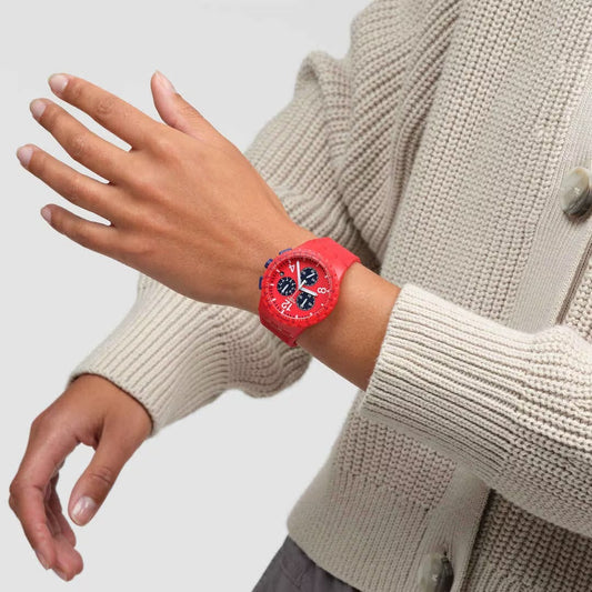 Reloj Swatch Plastic Chrono “Primarily Red” (modelo SUSR407)
